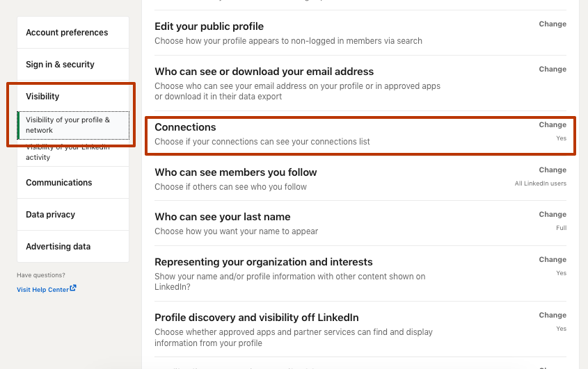 how to make connections private on LinkedIn